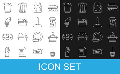 Set line Toilet brush, Towel on hanger, Cleaning spray bottle, Dirty t-shirt, Basin with soap suds, Rubber cleaner for windows, Bucket foam and plunger icon. Vector