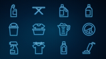 Set line Vacuum cleaner, Washer, Bottle for cleaning agent, Basin with shirt, Trash can, Washing powder and Ironing board icon. Vector