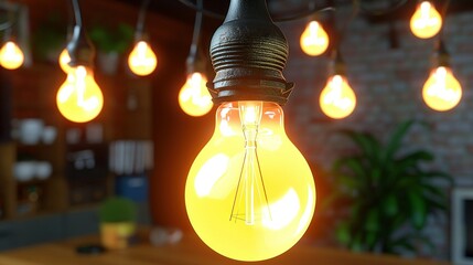   Light bulbs dangle on fixture against brick wall
