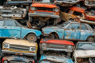 Pile of scrap waste of cars for recycling. Smashed destroyed car wrecks on car junkyard
