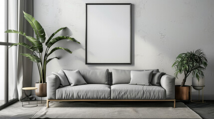 Fototapeta premium Living room wall poster mockup. Interior mockup with house background. Modern interior design.