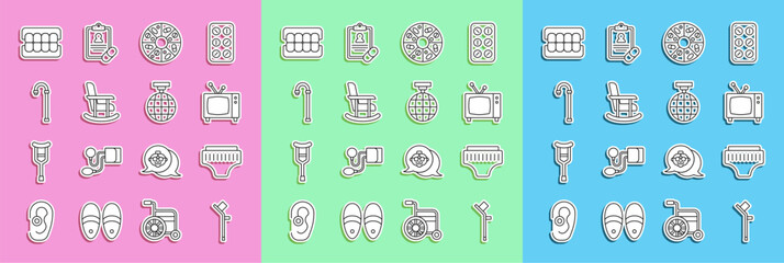 Set line Crutch or crutches, Adult diaper, Retro tv, Vitamin pill, Rocking chair, Walking stick cane, False jaw and Disco ball icon. Vector