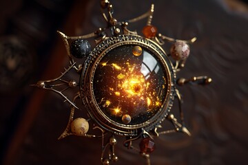 A talisman with a core of pulsating light, encircled by orbiting celestial bodies