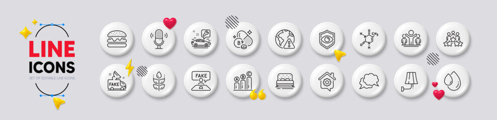 Burger, Chemical formula and Gluten free line icons. White buttons 3d icons. Pack of Oil drop, Work home, Internet warning icon. Business meeting, Fake news, Car service pictogram. Vector