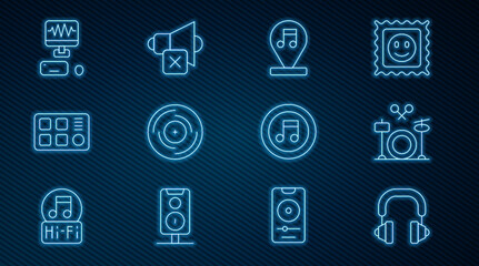 Set line Headphones, Drums, Music note, tone, Vinyl disk, machine, recording studio, and Speaker mute icon. Vector