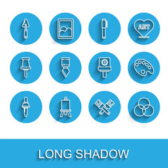 Set line Pipette, Easel or painting art boards, Palette knife, Crossed brush, RGB and CMYK color mixing, and Spray can nozzle cap icon. Vector