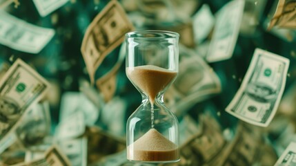Time and Money Concept with Hourglass and Floating Dollars
