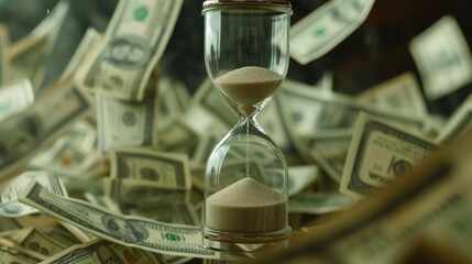 Economic Countdown: Hourglass Amid Floating Dollar Bills