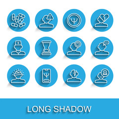 Fototapeta premium Set line Concussion, headache, Online psychological counseling, Medicine pill or tablet, Solution problem psychology, Male doctor, Old hourglass, and Insomnia icon. Vector