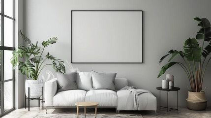 Frame mockup living room wall poster mockup. Interior mockup with house background. Modern interior design. 3D render