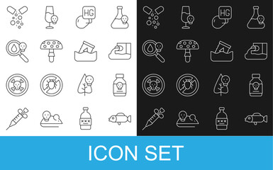 Set line Puffer fish, Poisoned pill, Wastewater, Drop of mercury, Fly agaric mushroom, magnifying glass, and Radioactive waste barrel icon. Vector