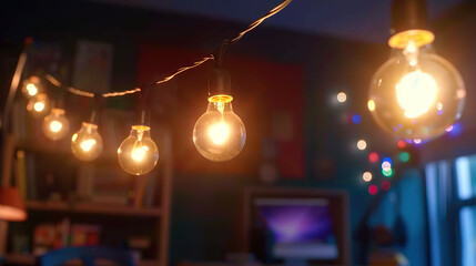   A cluster of bulbs dangling on wire lights illuminates a TV-filled chamber