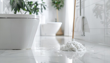 Washing floor with mop in bathroom, space for text. Clean trace on dirty surface