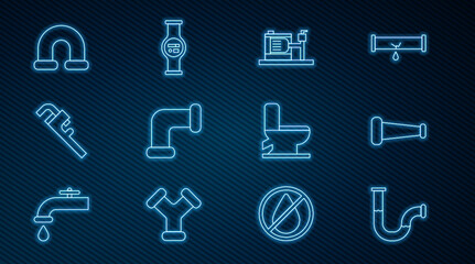 Set line Industry metallic pipe, Electric water pump, Pipe adjustable wrench, Toilet bowl and Water meter icon. Vector