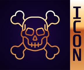Gold line Skull on crossbones icon isolated on black background. Happy Halloween party. Vector