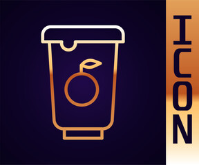 Gold line Yogurt container icon isolated on black background. Yogurt in plastic cup. Vector