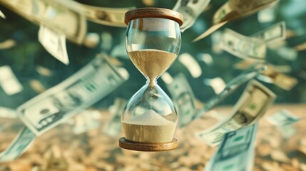 Financial Countdown: Hourglass Amid Floating Currency
