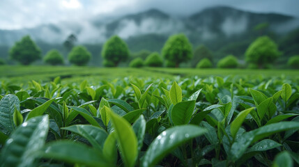 Obraz premium twilight sky at the tea plantation. tea leaf with landscape morning background