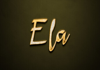 Old gold text effect of Turkish name Ela with 3D glossy style Mockup.