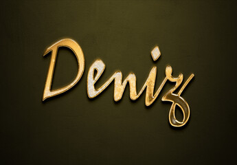 Old gold text effect of Turkish name Deniz with 3D glossy style Mockup.