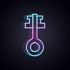 Glowing neon line Old magic key icon isolated on black background. Vector
