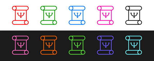 Set line Psychology book icon isolated on black and white background. Psi symbol. Mental health concept, psychoanalysis analysis and psychotherapy. Vector