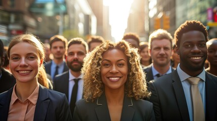 Fototapeta premium Business Diversity: Smiling Executives in Modern Cityscape
