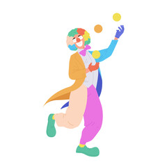 Funny clown cartoon character with cute makeup on face juggling small balls isolated on white
