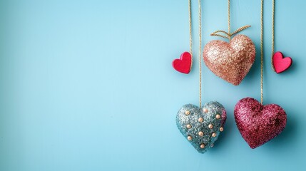 Three glittery hearts and two small red hearts on a blue background.
