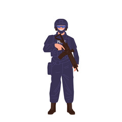Swat officer isolated cartoon character wearing helmet and body armor with machine gun in hands
