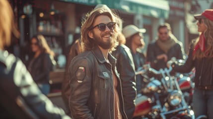 Fototapeta premium Relaxed Atmosphere: Bikers Socializing Outdoors