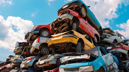 Pile of scrap waste of cars for recycling. Smashed destroyed car wrecks on car junkyard
