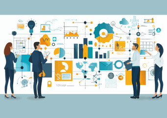 Naklejka premium Team Collaborating on Business Strategy Planning with Data and Charts in Office Meeting, Business Cooperation Concept, Modern Minimalistic Vector Illustration