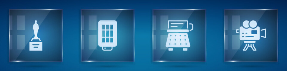 Set Movie trophy, Softbox light, Retro typewriter and cinema camera. Square glass panels. Vector