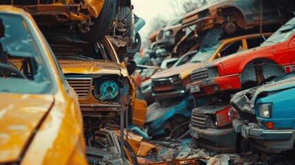 Fototapeta premium Pile of scrap waste of cars for recycling. Smashed destroyed car wrecks on car junkyard