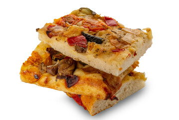 Rectangular Pizza pieces with vegetables, Pizza slices with tomato, eggplant and peppers and onion isolated
