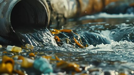 concrete sewer pipe under embankment with dirty sewage flooded, drainage tube for draining water from roads into rivers and canals