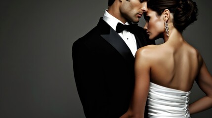 Elegant couple embraces in formal attire with sophisticated style