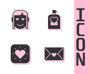 Set Envelope with Valentine heart, Romantic girl, Heart and Perfume icon. Vector