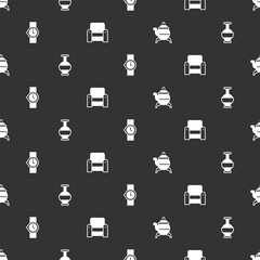 Set Classic teapot, Ancient amphorae, Wrist watch and Armchair on seamless pattern. Vector