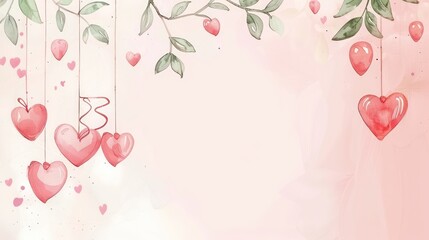 Delicate watercolor illustration of hearts and leafy branches.