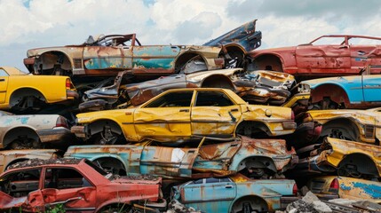 Fototapeta premium Pile of scrap waste of cars for recycling. Smashed destroyed car wrecks on car junkyard