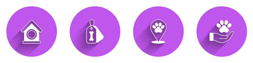 Set Dog house, collar with bone, Location veterinary hospital and Hands animals footprint icon with long shadow. Vector