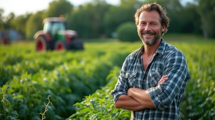 Fototapeta premium Harvesting Tomorrow: Farmer with Technology in Crop Field