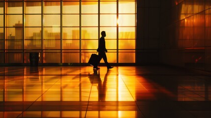 Silhouetted figure with luggage in a sunlit airport corridor