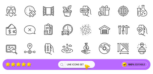 Vinyl record, Wallet and Open door line icons for web app. Pack of Station, Seo internet, Leaves pictogram icons. Accounting, Fishing float, Book car signs. Triangle area, Spanner tool. Vector