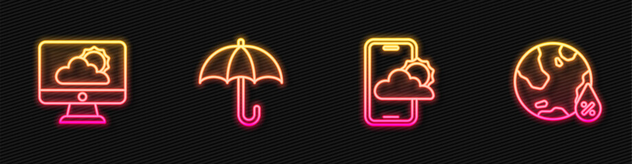 Set line Weather forecast, , Umbrella and Water drop percentage. Glowing neon icon. Vector