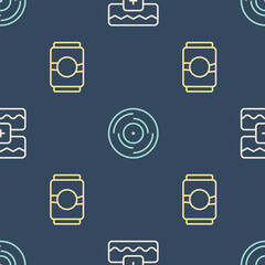 Set line Music wave equalizer, Beer can and Vinyl disk on seamless pattern. Vector