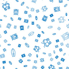 Set line Surfboard, Trolleybus and Train and railway on seamless pattern. Vector