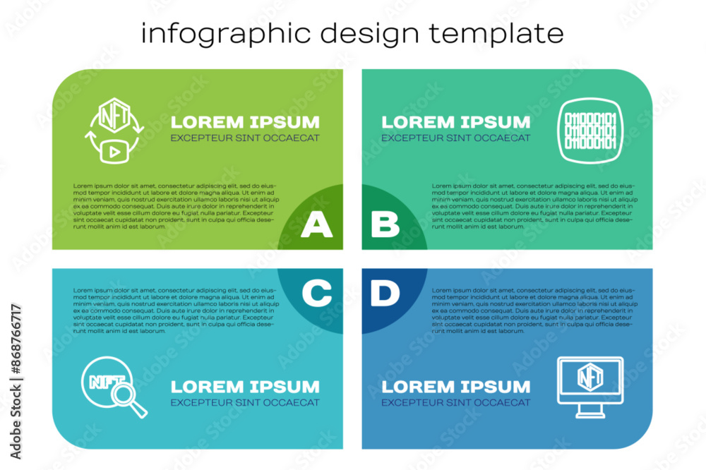 Poster set line search nft, digital crypto art, monitor with store app and binary code. business infographi